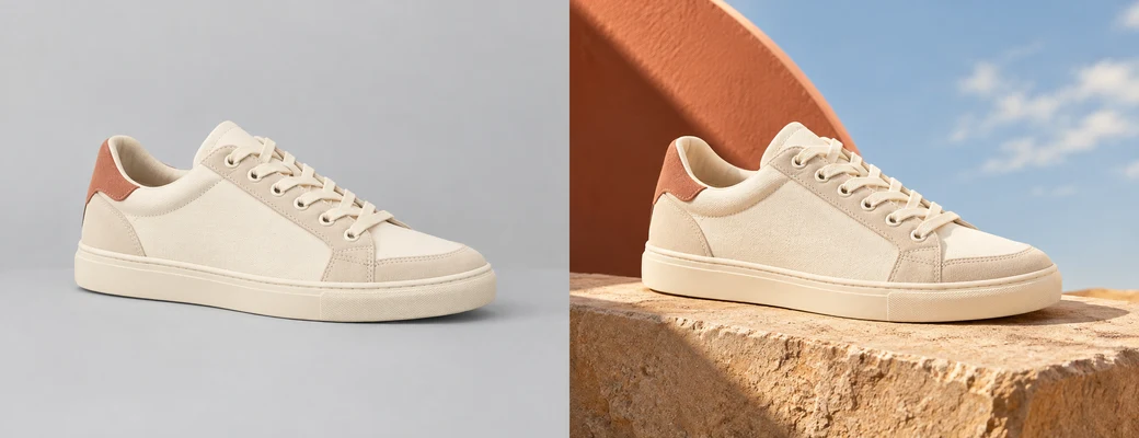 Conceptual before-and-after product edit: an ivory sneaker on a plain gray background and in a sunlit advertising scene