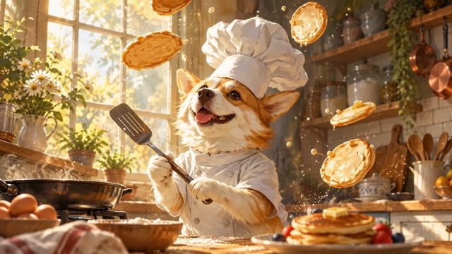 Corgi Chef in Rustic Kitchen