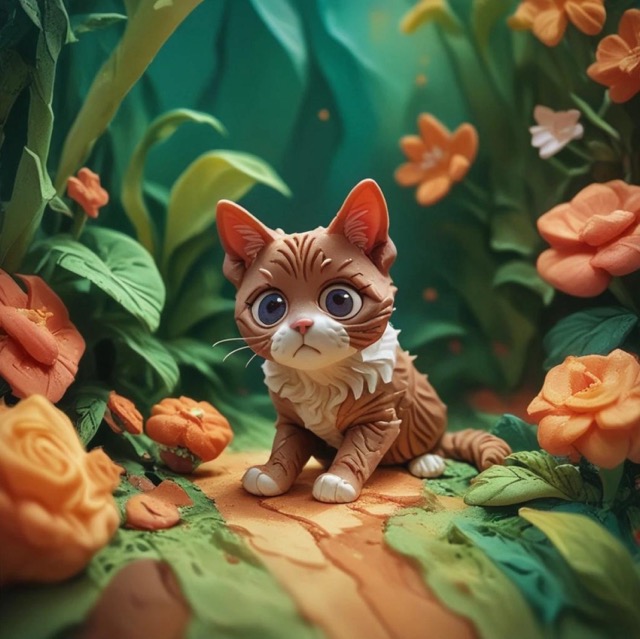 Polymer Clay Orange Cat in Garden